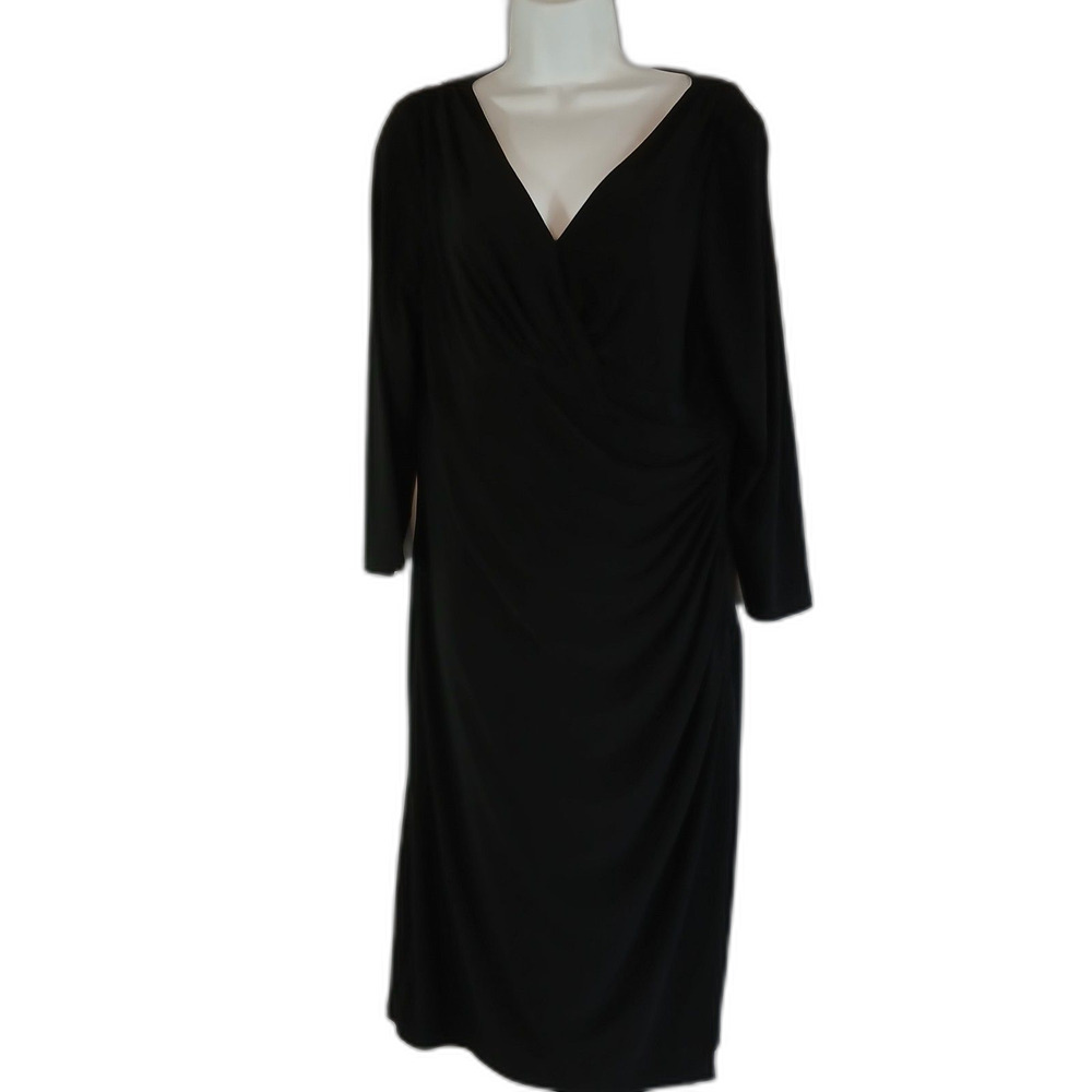Lauren Ralph Lauren black dress long sleeve ruching baby doll sz 14 classy party